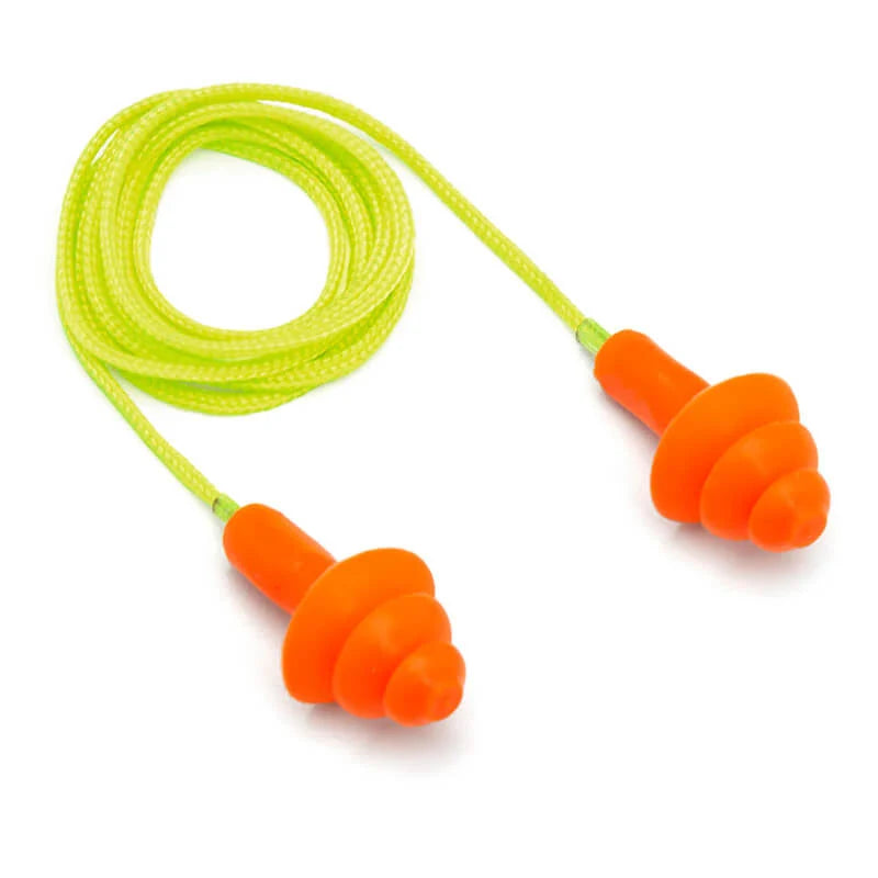Pyramex reusable corded earplugs (NRR 25dB | SNR 30dB). Orange earplugs with a yellow cord