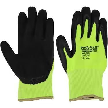 13-Gauge High-Visibility Green Work Gloves with Black Sandy Nitrile Palm Coating – ANSI A3 Cut Protection