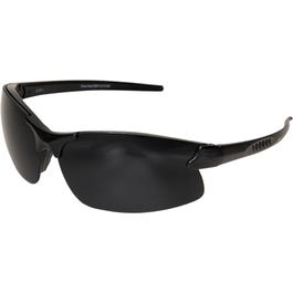 Razor Edge II safety eyewear featuring a black smoke lens and rubber temples, with anti-fog and anti-scratch protection